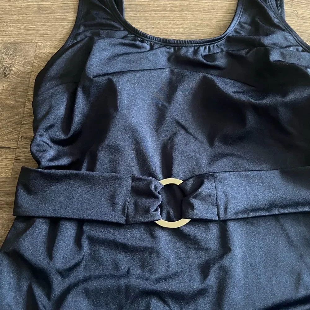 Wolf & Whistle Navy Belted Plunge Swimsuit Curve size 14
